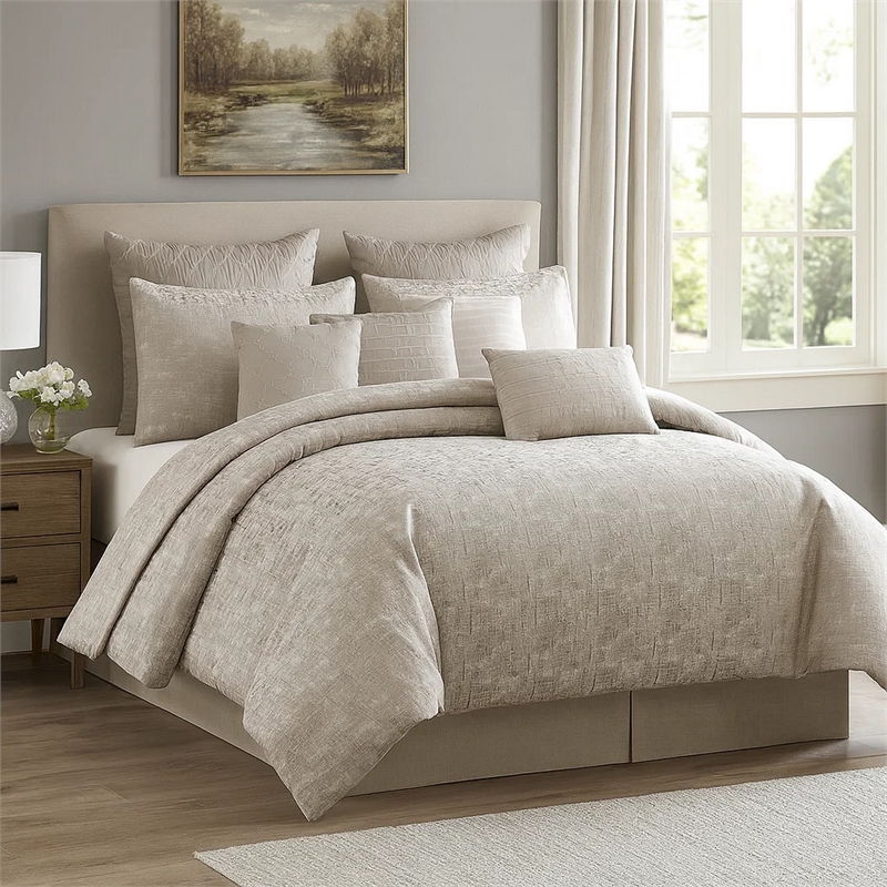 Benjara 9 Piece Queen Polyester Comforter Set with Jacquard Print- Gray