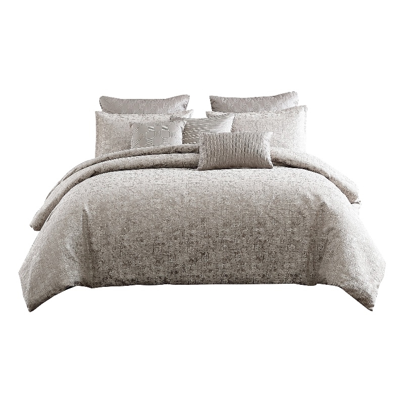 Benjara 9 Piece Queen Polyester Comforter Set with Jacquard Print- Gray