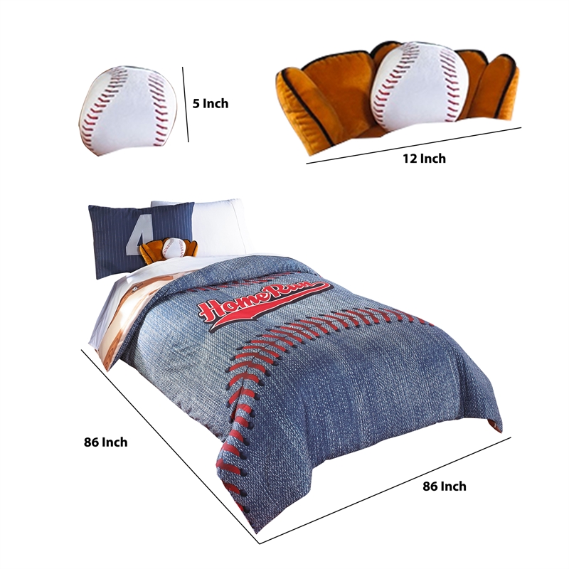 Benjara 6 Piece Polyester Full Comforter Set with Baseball Inspired Print- Blue