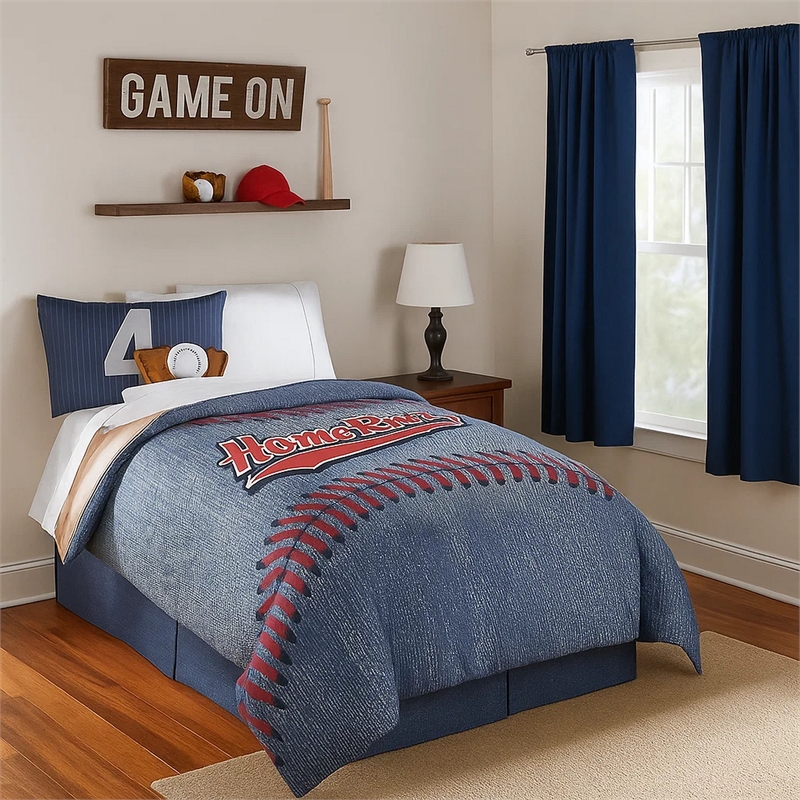 Benjara 6 Piece Polyester Full Comforter Set with Baseball Inspired Print- Blue