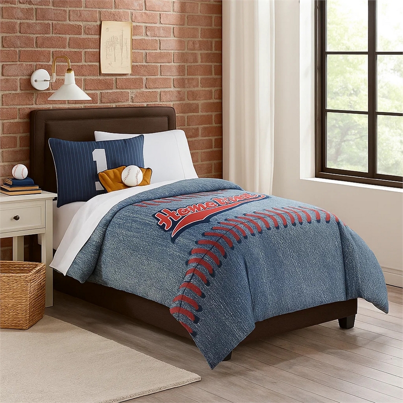 Benjara 6 Piece Polyester Full Comforter Set with Baseball Inspired Print- Blue