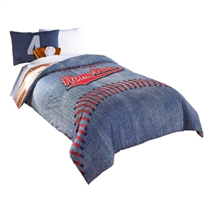 Benjara 6 Piece Polyester Full Comforter Set with Baseball Inspired Print- Blue