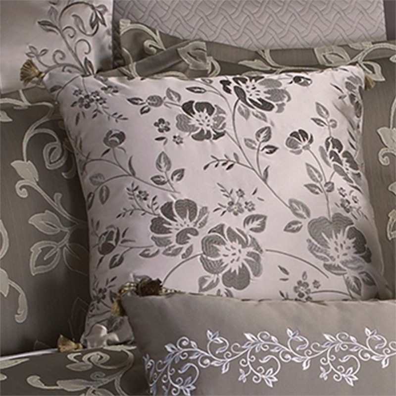 Benjara 10 Piece King Polyester Comforter Set with Leaf Print- Platinum Gray