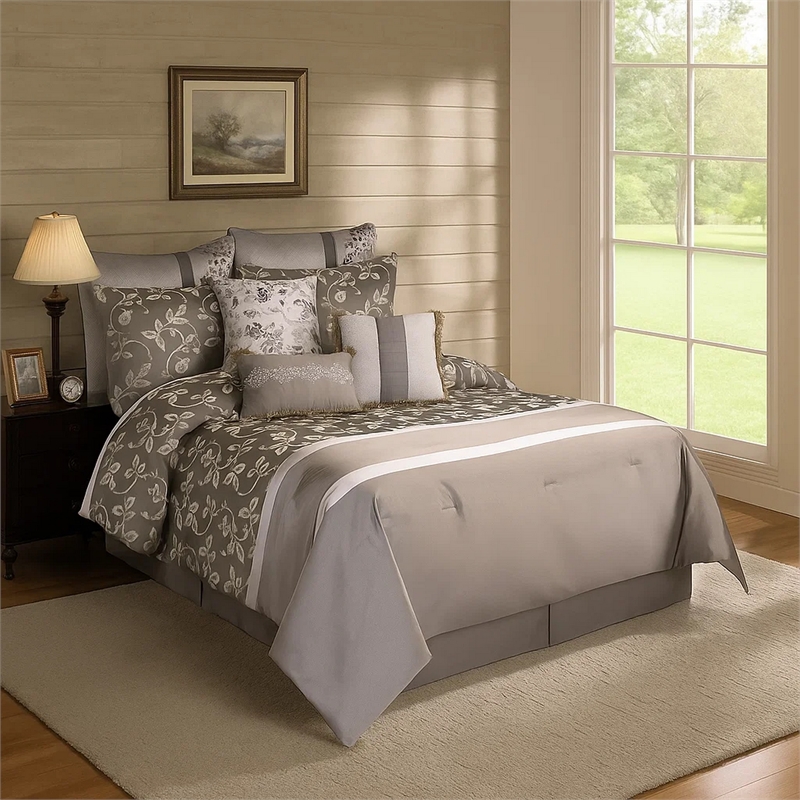 Benjara 10 Piece King Polyester Comforter Set with Leaf Print- Platinum Gray