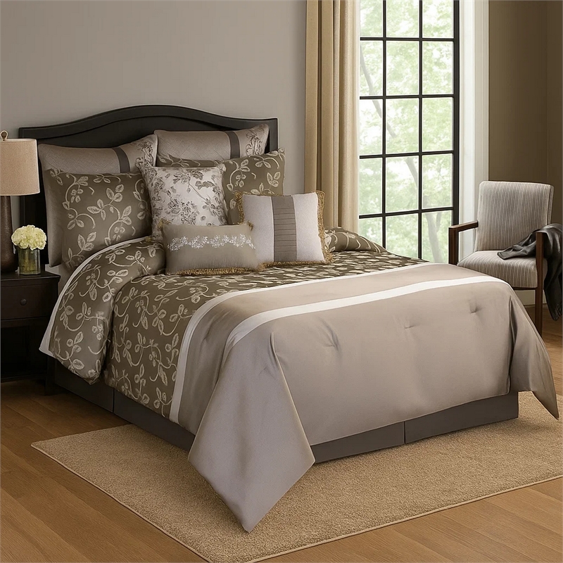 Benjara 10 Piece King Polyester Comforter Set with Leaf Print- Platinum Gray