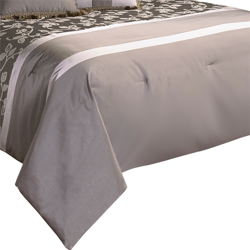 Benjara 10 Piece King Polyester Comforter Set with Leaf Print- Platinum Gray