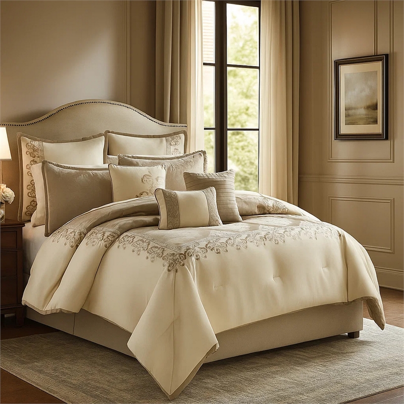 Benjara 10 Piece King Polyester Comforter Set with Damask Print- Cream and Gold