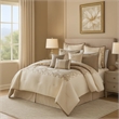 Benjara 10 Piece King Polyester Comforter Set with Damask Print- Cream and Gold