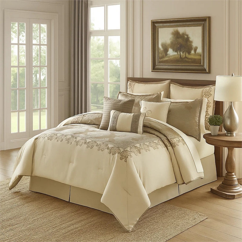 Benjara 9 Piece Queen Polyester Comforter Set with Damask Print- Cream and Gold