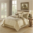 Benjara 9 Piece Queen Polyester Comforter Set with Damask Print- Cream and Gold