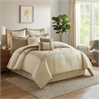 Benjara 9 Piece Queen Polyester Comforter Set with Damask Print- Cream and Gold