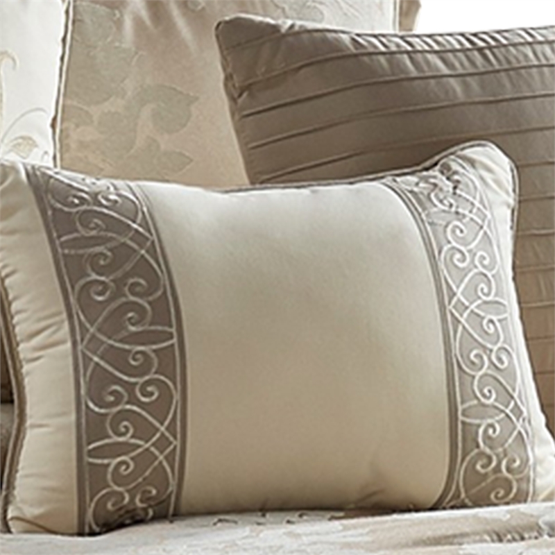 Benjara 9 Piece Queen Polyester Comforter Set with Damask Print- Cream and Gold