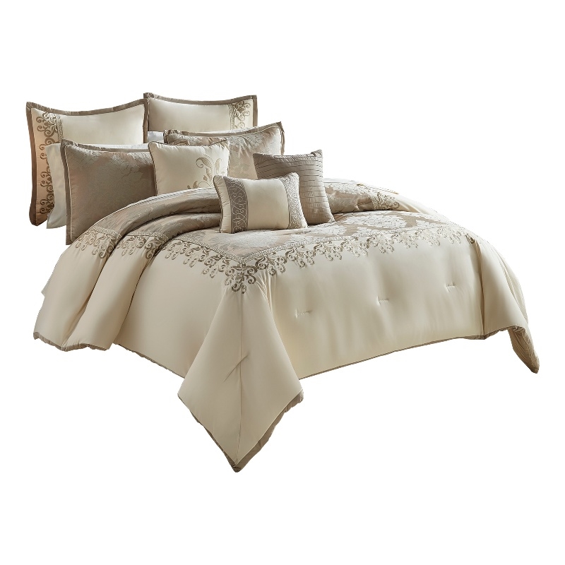 Benjara 9 Piece Queen Polyester Comforter Set with Damask Print- Cream and Gold