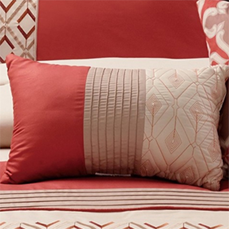 Benjara 8 Piece King Polyester Comforter Set with Geometric Embroidery- Orange