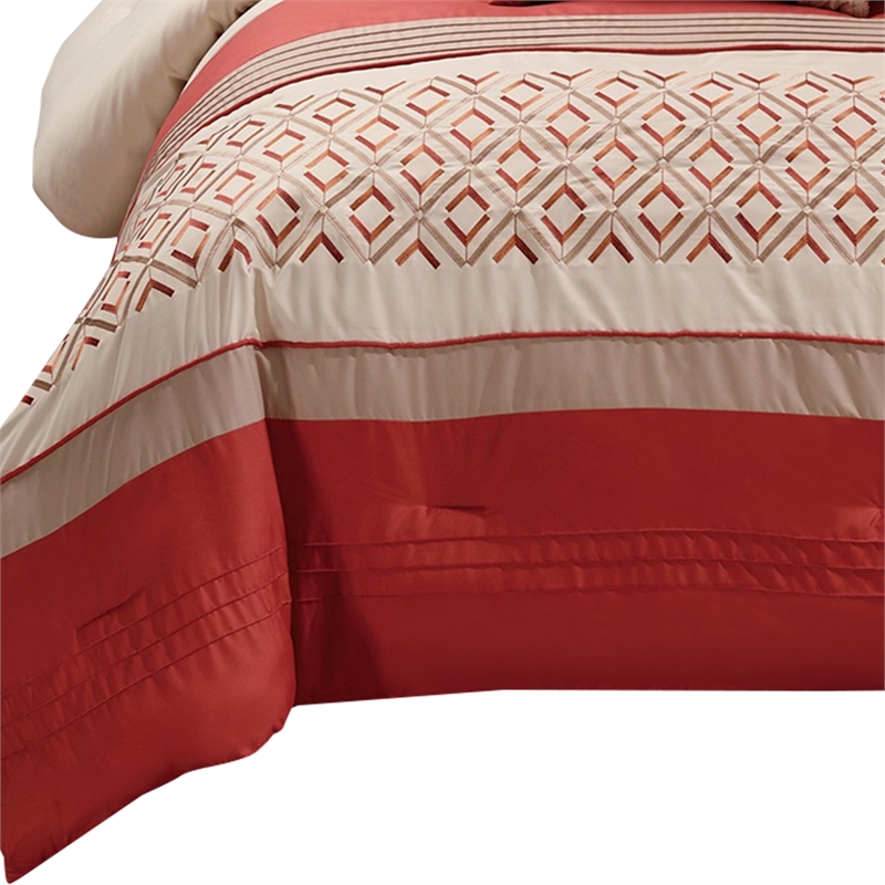 Benjara 8 Piece King Polyester Comforter Set with Geometric Embroidery- Orange
