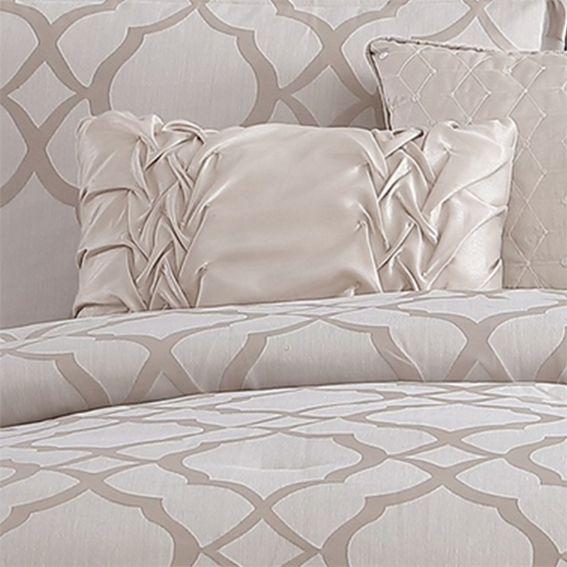 Benjara 9pc Queen Size Comforter Set with Quatrefoil Prints- White Polyester