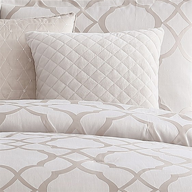 Benjara 9pc Queen Size Comforter Set with Quatrefoil Prints- White Polyester