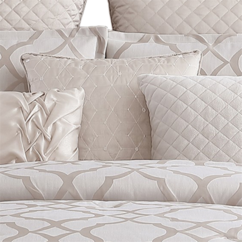 Benjara 9pc Queen Size Comforter Set with Quatrefoil Prints- White Polyester