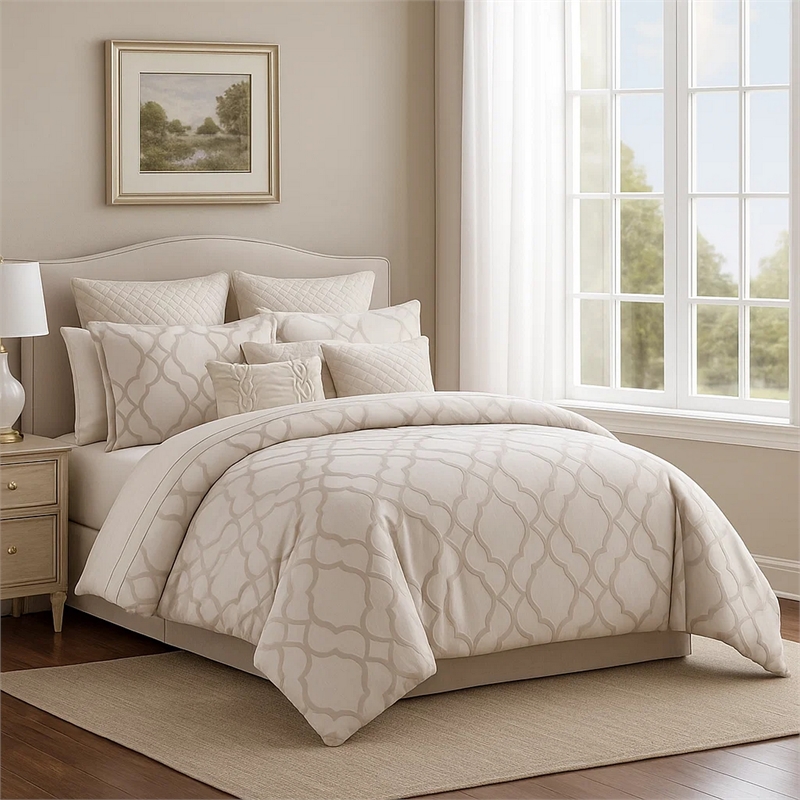 Benjara 9pc Queen Size Comforter Set with Quatrefoil Prints- White Polyester