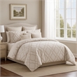 Benjara 9pc Queen Size Comforter Set with Quatrefoil Prints- White Polyester