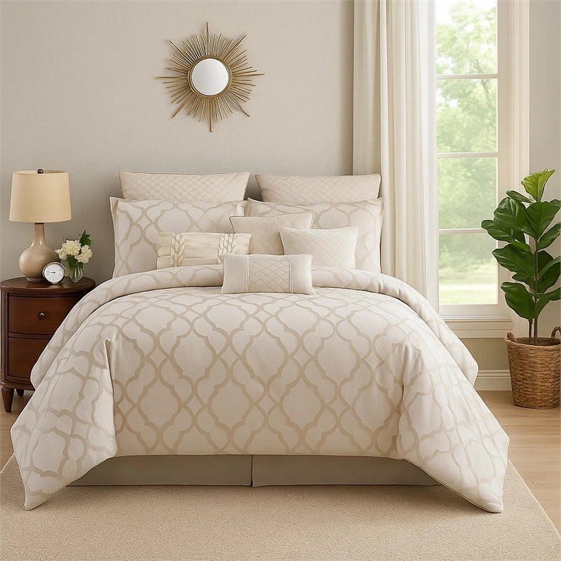 Benjara 9pc Queen Size Comforter Set with Quatrefoil Prints- White Polyester