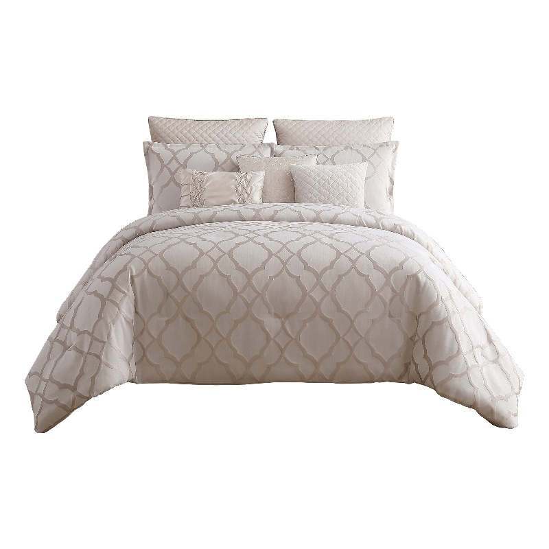 Benjara 9pc Queen Size Comforter Set with Quatrefoil Prints- White Polyester