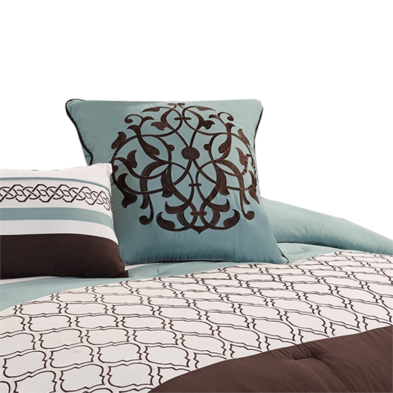 Benjara Quatrefoil King Size 8 Piece Fabric Comforter Set - Brown and Blue