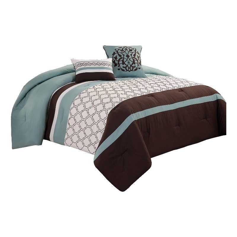 Benjara Quatrefoil King Size 8 Piece Fabric Comforter Set - Brown and Blue