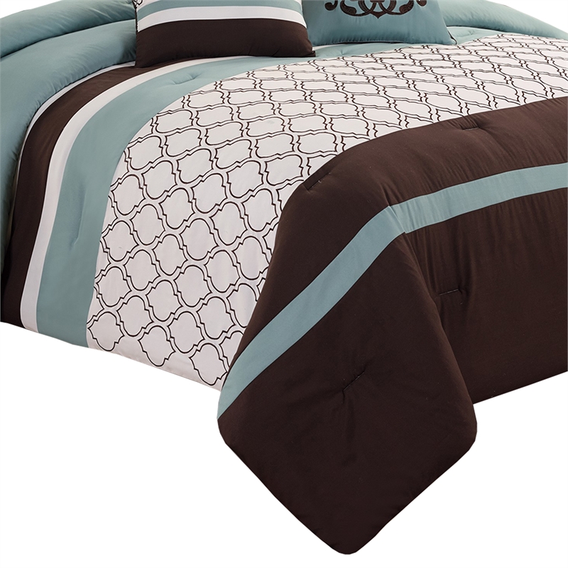Benjara Quatrefoil King Size 8 Piece Fabric Comforter Set - Brown and Blue