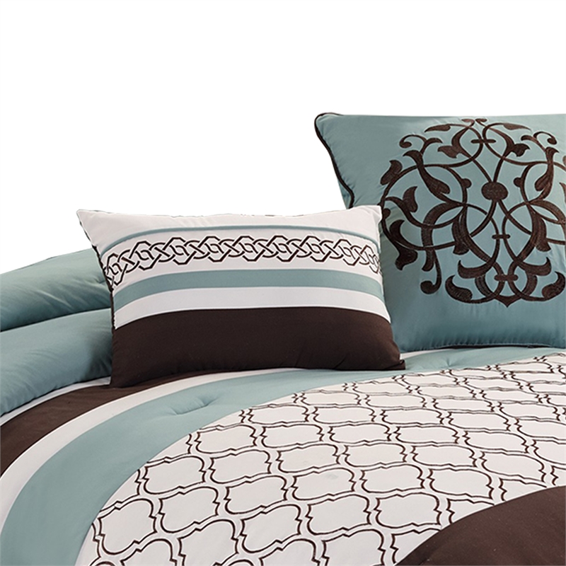 Benjara Quatrefoil King Size 8 Piece Fabric Comforter Set - Brown and Blue