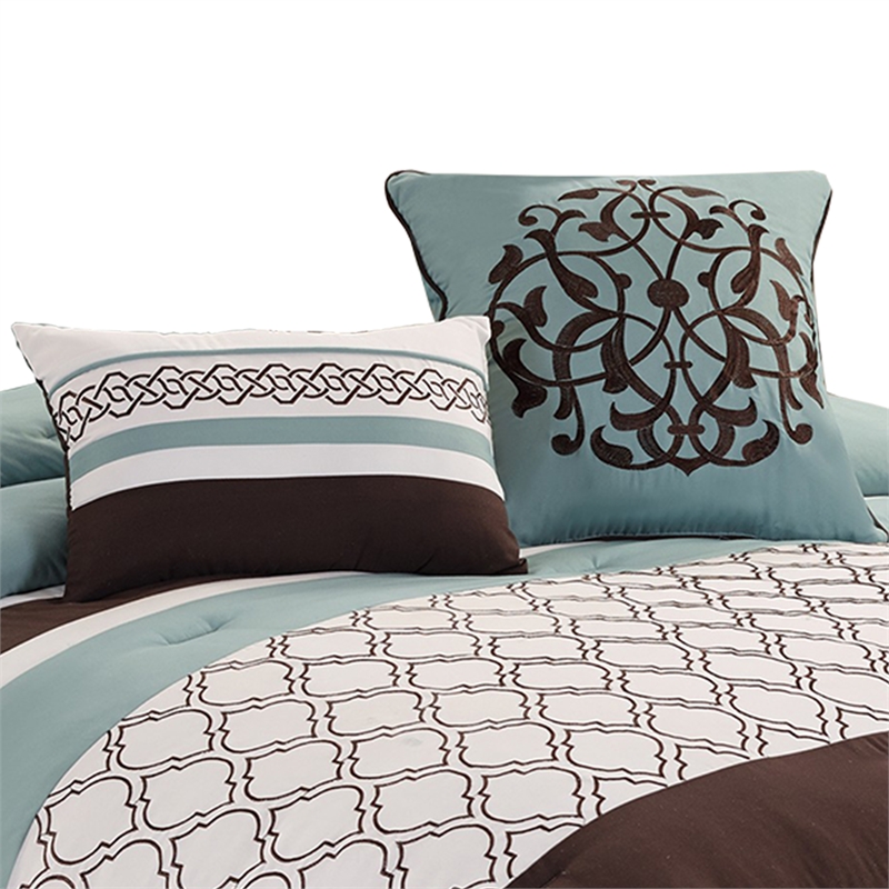 Benjara Quatrefoil King Size 8 Piece Fabric Comforter Set - Brown and Blue