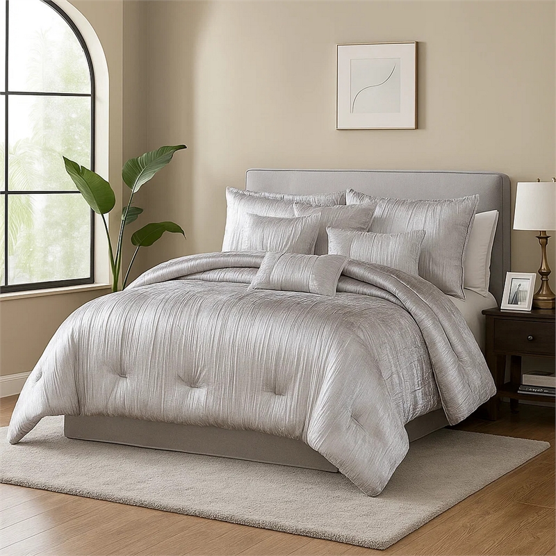 Benjara King Size 7 Piece Fabric Comforter Set with Crinkle Texture- Silver