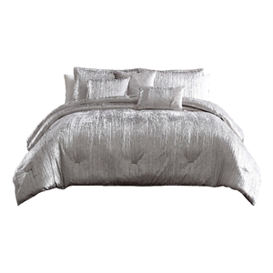 Benjara Queen Size 7 Piece Fabric Comforter Set with Crinkle Texture- Silver