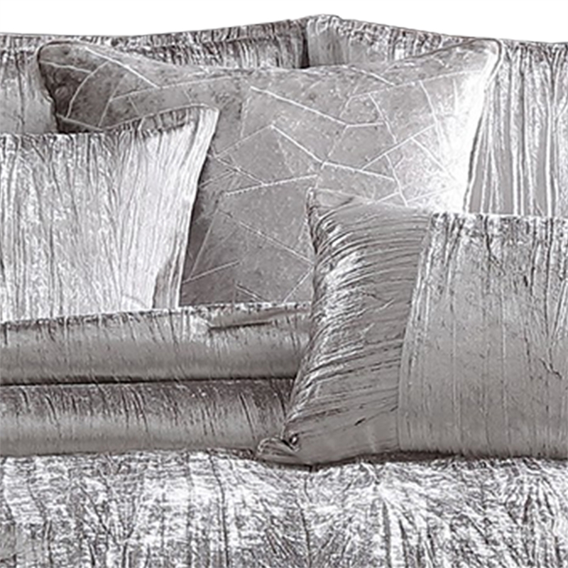 Benjara Queen Size 7 Piece Fabric Comforter Set with Crinkle Texture- Silver