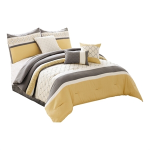 Benjara Quatrefoil Print King Size 7 Piece Fabric Comforter Set- Yellow and Gray