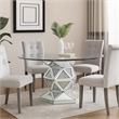 Benjara Round Dining Table with Faux Crystals Inlay and Pedestal Base- Silver