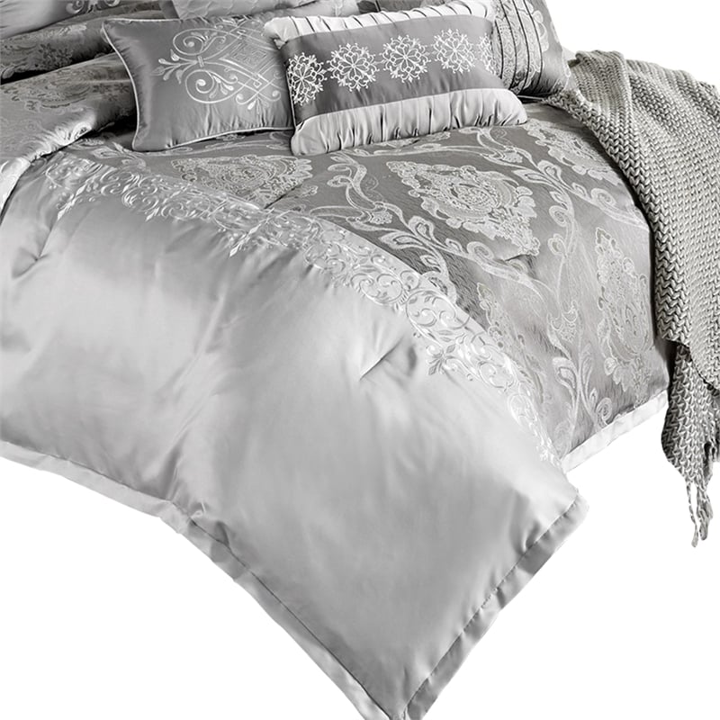 Benjara 12 Piece Queen Comforter Set with Medallion Print- Platinum Gray