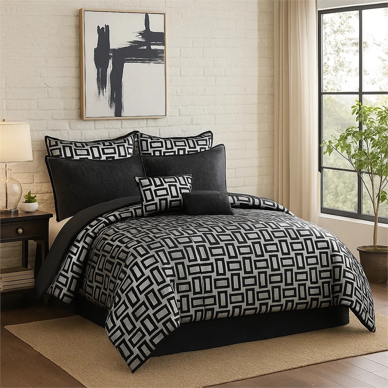 Benjara 6 Piece Polyester King Comforter Set with Geometric Print- Gray & Black