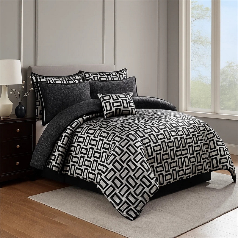 Benjara 6 Piece Polyester King Comforter Set with Geometric Print- Gray & Black