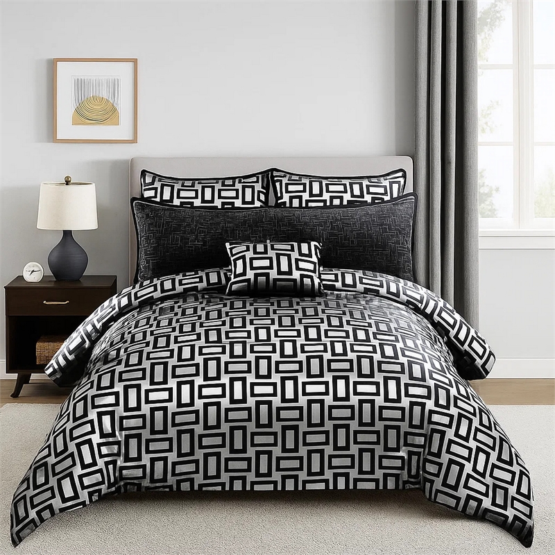 Benjara 6 Piece Polyester Queen Comforter Set with Geometric Print- Gray & Black