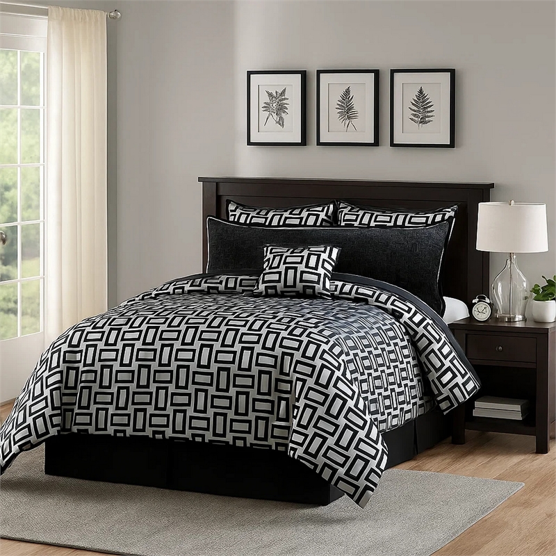 Benjara 6 Piece Polyester Queen Comforter Set with Geometric Print- Gray & Black