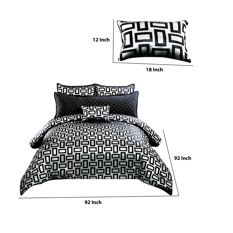 Benjara 6 Piece Polyester Queen Comforter Set with Geometric Print- Gray & Black