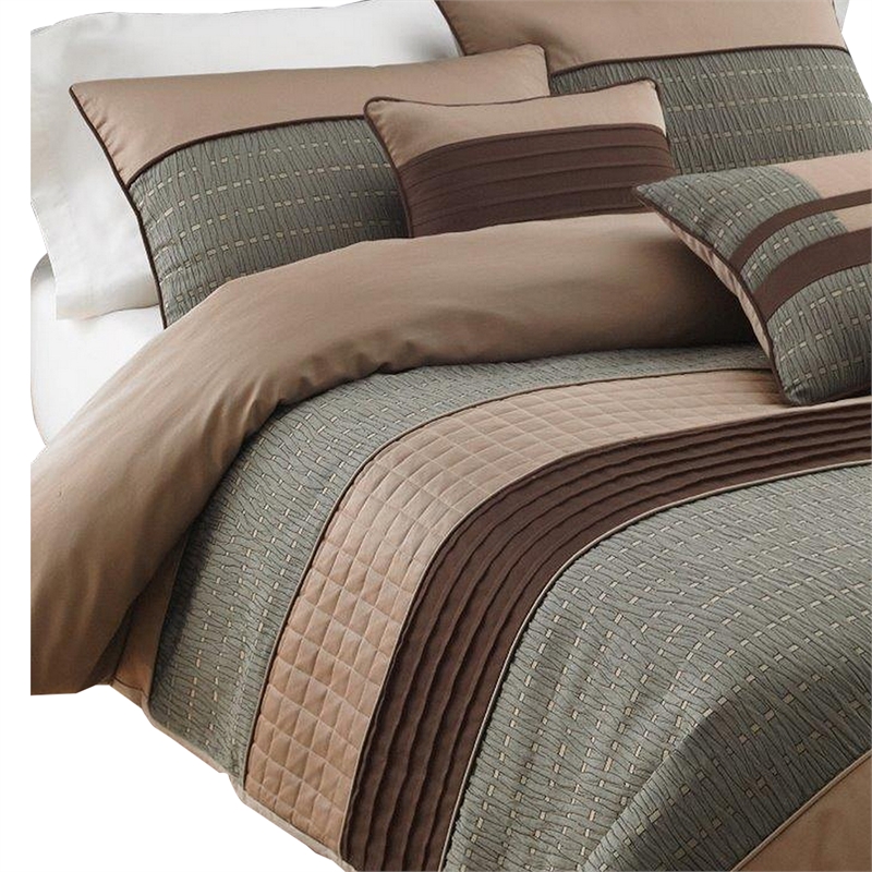Benjara 7 Piece King Polyester Comforter Set with Pleats & Texture- Gray & Brown