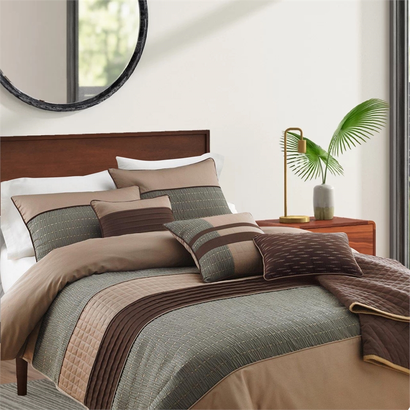 Benjara 7 Piece King Polyester Comforter Set with Pleats & Texture- Gray & Brown