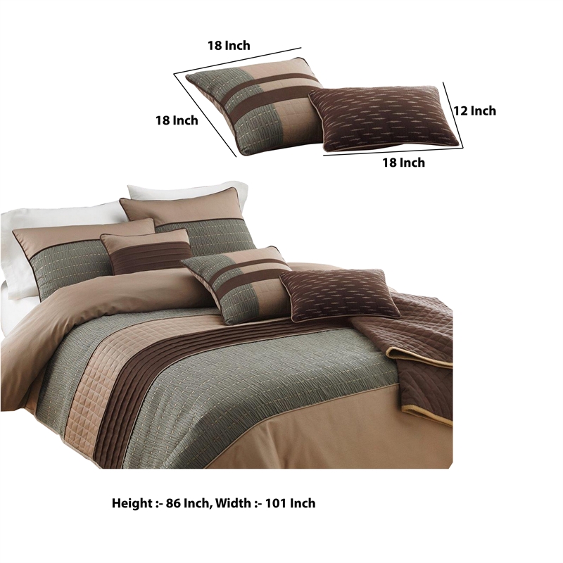 Benjara 7 Piece King Polyester Comforter Set with Pleats & Texture- Gray & Brown