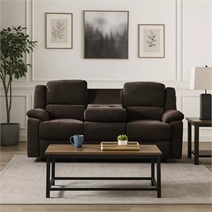 Benjara Fabric Wrapped Motion Sofa with Drop Down Table- Brown