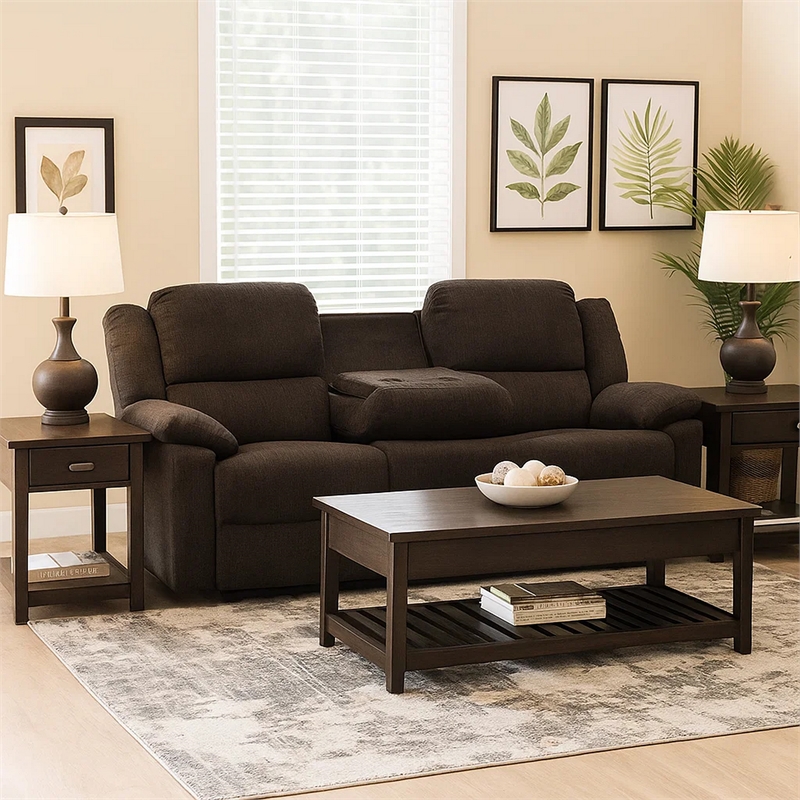Benjara Fabric Wrapped Motion Sofa with Drop Down Table- Brown