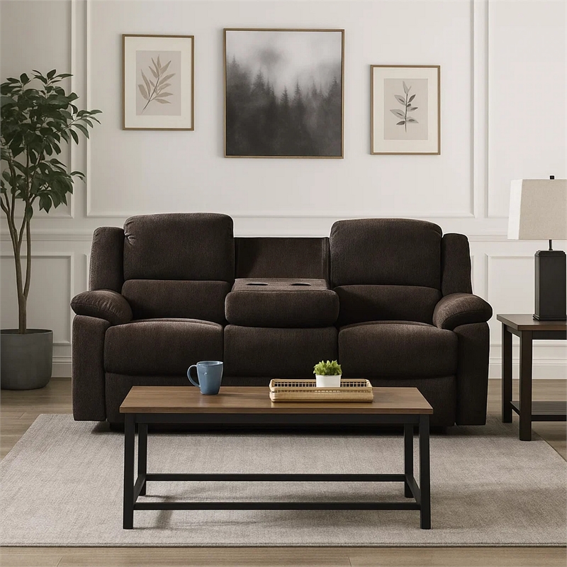 Benjara Fabric Wrapped Motion Sofa with Drop Down Table- Brown