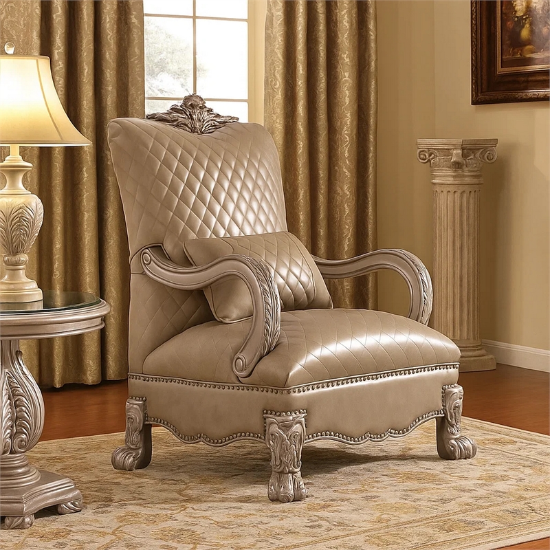 Benjara Diamond Tufted Leatherette Accent Chair with Scrolled Legs- Beige