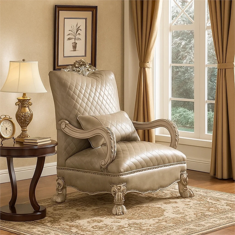 Benjara Diamond Tufted Leatherette Accent Chair with Scrolled Legs- Beige